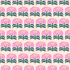 Poster - Seamless pattern with hand drawn flowers on a beige background. Cute floral minimal print. Pink, green and beige colors. Vector illustration