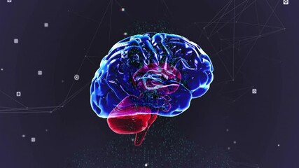 Poster - 3D brain model appearing against dark network, rotating with drifting data nodes for tech demo