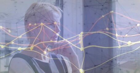 Poster - Woman sitting at desk gazing at city window causing floating network graphs and analyzing tech data