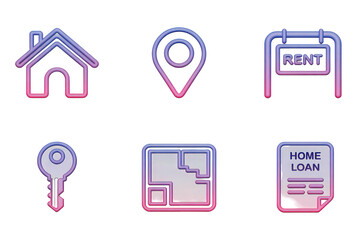 Aufkleber - Six 3D Plastic Icons Set Home Key Location Rent Plan Loan Gradient Pink Purple Colors Isolate on White Transparent PNG Backgrounds Cutout Clipping Path Social Media Line Art Black 2025