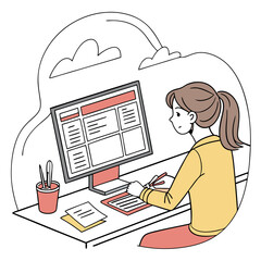 Poster - A woman is working on a computer with a pen and paper on a desk with a cup and cloud background art