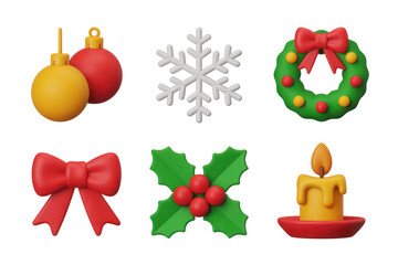 Aufkleber - Six 3D Rendered Christmas Icons Set Isolated on White Background Red Green Yellow White Ornaments Bow Snowflake Wreath Holly Candle PNG Transparent Cutout Clipping Path Full HD 4K 2025
