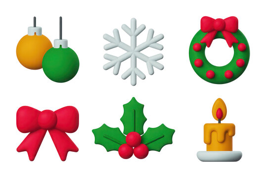 Six 3D Rendered Christmas Icons Set Isolated on White Backgrounds PNG Transparent Cutout Clipping Path Full HD 4K Image Stock Photo Picture Bundle Download New Latest 2025 2026