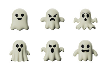 Aufkleber - Six 3D Rendered Ghost Icons Set Off White Color Various Expressions Happy Angry Surprised Black Backgrounds Transparent PNG Cutout Clipping Path Social Media Line Art Full HD 4K 2025