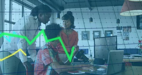 Poster - Colleagues typing on laptop in office, starting animated data lines overlay for business review