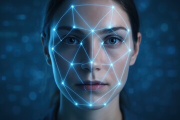  - Biometric Verification: A close-up shot of a person's face, overlaid with a network of blue lines, representing biometric scanning and facial recognition technology.