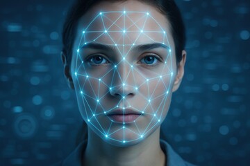Poster - Face Recognition Technology: The portrait of a woman's face overlaid with an intricate network of lines and points, symbolizing facial recognition technology, as the embodiment of an evolving world. 