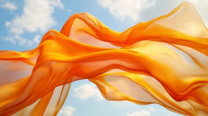 Aufkleber - Abstract orange fabric flowing in the wind against a blue sky with clouds.