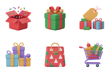 Aufkleber - Six Colorful 3D Rendered Gift Icons Isolated on Black Backgrounds Set of Six Clean Soft Plastic Presents Shopping Bag and Cart Full HD 4K Image Download New Latest 2025 2026
