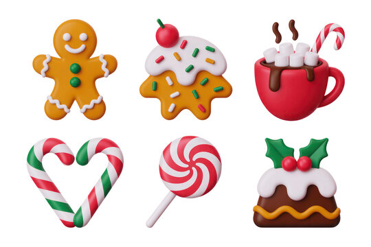 Six Colorful 3D Rendered Christmas Icons Set Gingerbread Man Cupcake Hot Chocolate Candy Canes Lollipop Pudding Isolated on White Backgrounds Transparent PNG Cutout Clipping Path 2025