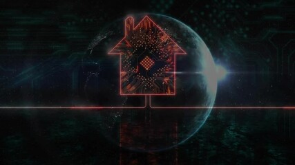 Poster - Glitchy data field opening, revealing neon circuit house icon pulsing glow linking global network