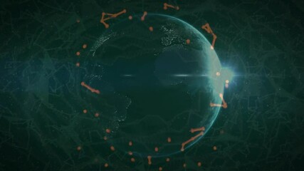 Fototapete - Slowly rotating digital globe starting network nodes pulsing outward forming red orange halo