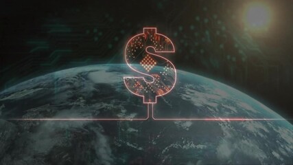 Poster - Glowing dollar sign appearing above globe while sparks pulsing and sun rising representing finance