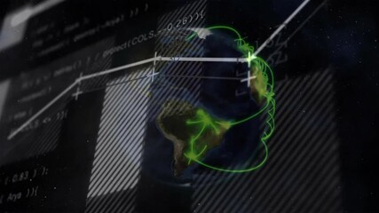 Fototapete - Opening on starfield rotating 3D globe tracing streams and scrolling code for visualizing insights