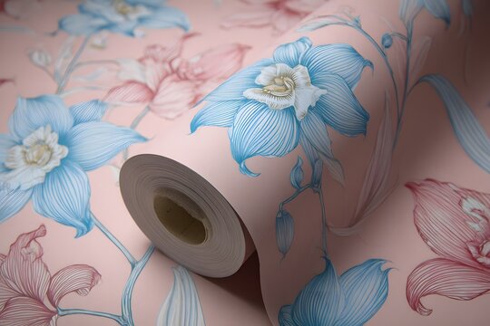 Hand-drawn orchid flowers in soft pink and light blue, creating an elegant pattern on the wallpaper, 