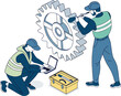 © Tuhfa Designe House - Engineers working on large gear with laptop and toolbox mechanics machinery