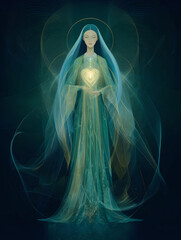 Wall Mural - Mystic angel illustration radiating healing energy – a spiritual being of light with divine heart energy. A guardian angel for peace, love, and inner transformation – a vision of grace and divinity.
