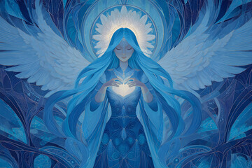 Wall Mural - Mystic angel illustration radiating healing energy – a spiritual being of light with divine heart energy. A guardian angel for peace, love, and inner transformation – a vision of grace and divinity.