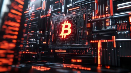 Leinwandbilder - Glowing Bitcoin symbol on a futuristic circuit board.