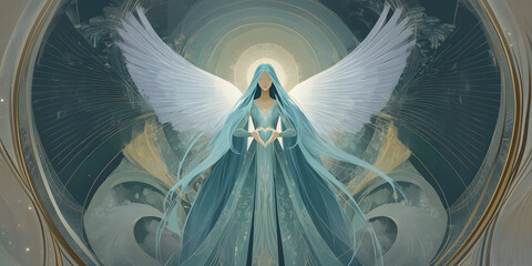 Wall Mural - Mystic angel illustration radiating healing energy – a spiritual being of light with divine heart energy. A guardian angel for peace, love, and inner transformation – a vision of grace and divinity.