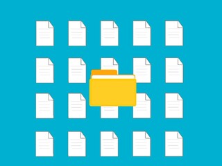Poster - Folder animation with floating document icons background. Document management system. Digital organization, and workflow visualization.