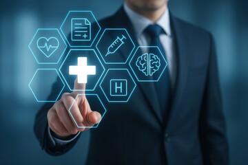 Poster - Healthcare Innovation: A businessman in a suit interacts with a digital interface showcasing healthcare icons, symbolizing innovation and technological advancement in the medical field.