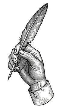 Vintage Illustration Hand with Feather Pen Writing Ink Quill