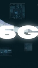 Poster - Animation of 6g text, data processing and scopes scanning on screens over out of focus city lights
