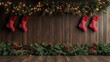 © ProPhotos - A cozy wooden display features Christmas stockings, pinecone garlands, lights, and red bows. There is an empty space in the center that could be used for an advertisement or holiday promotion.