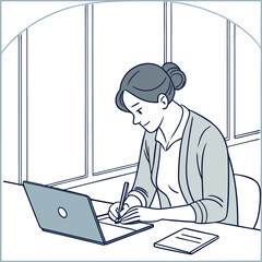 Poster - A woman is working at a desk with a laptop and writing on paper in front of a window in an office space