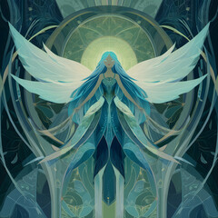 Wall Mural - Mystic angel illustration embodying divine presence – a celestial being of light and cosmic energy. Visionary guardian of transformation, spiritual awakening, higher realms, ascension, consciousness.