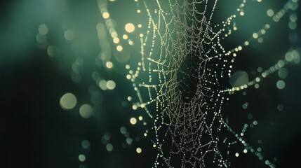 Close-up of a spiderweb covered in dew drops, with a blurred background.