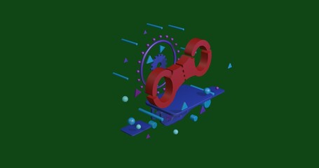 Poster - Red handcuffs symbol on a pedestal of abstract geometric shapes floating in the air. Abstract concept art with flying shapes in the center. 3d illustration on green background