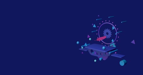 Poster - Pink feather symbol on a pedestal of abstract geometric shapes floating in the air. Abstract concept art with flying shapes on the right. 3d illustration on indigo background