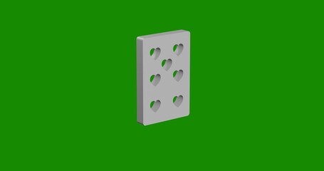 Poster - Isolated realistic white seven of hearts playing card front view with shadow. 3d illustration on green chroma key background