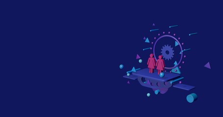 Poster - Pink woman with woman symbol on a pedestal of abstract geometric shapes floating in the air. Abstract concept art with flying shapes on the right. 3d illustration on indigo background