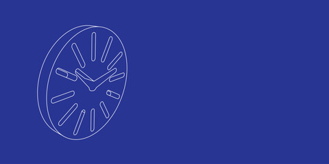 Poster - The outline of a large clock symbol made of white lines on the left. 3D view of the object in perspective. Vector illustration on indigo background