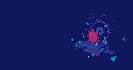 Poster - Pink coronavirus symbol on a pedestal of abstract geometric shapes floating in the air. Abstract concept art with flying shapes on the right. 3d illustration on indigo background