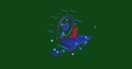 Poster - Red rocket symbol on a pedestal of abstract geometric shapes floating in the air. Abstract concept art with flying shapes in the center. 3d illustration on green background