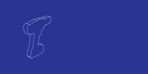 Fototapete - The outline of a large electric screwdriver symbol made of white lines on the left. 3D view of the object in perspective. Vector illustration on indigo background