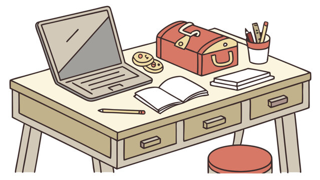 Illustration of a desk with a laptop, open book, cookies, and a red toolbox on top of the desk space
