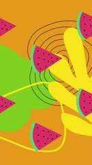 Poster - Animation of watermelon spinning over shapes on orange background
