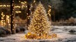 © ProPhotos - Christmas lights wrap around a beautiful outdoor tree, standing in a snowy field, with gifts scattered at its feet, shining softly in the winter night sky.