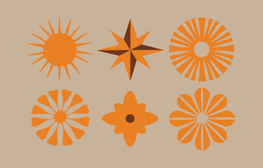 Poster - Mid-century modern orange floral and sunburst design elements on beige background.