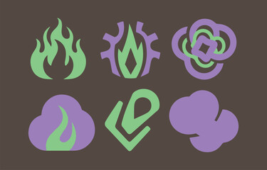 Poster - Abstract graphic symbols in green and purple on a dark brown background