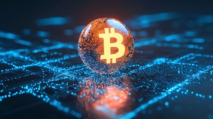 Poster - Glowing Bitcoin symbol on a digital sphere, futuristic technology background.
