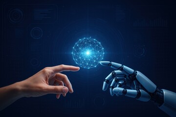 Fototapete - Human Hand and Robotic Hand: The image symbolizes the interaction between humanity and artificial intelligence, as a human hand and a robotic hand touch a glowing sphere of interconnected nodes.