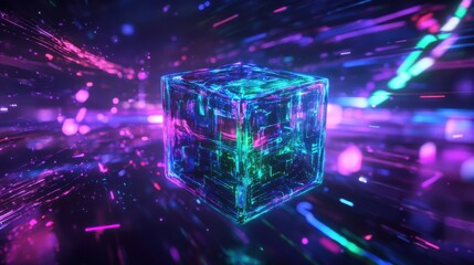 Fototapete - Glowing translucent cube with circuitry in futuristic environment