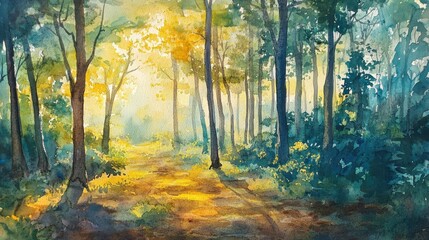 Poster - Sunlight filtering through trees on a serene forest path