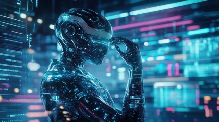 Poster - Robot contemplating in a futuristic indoor environment at night